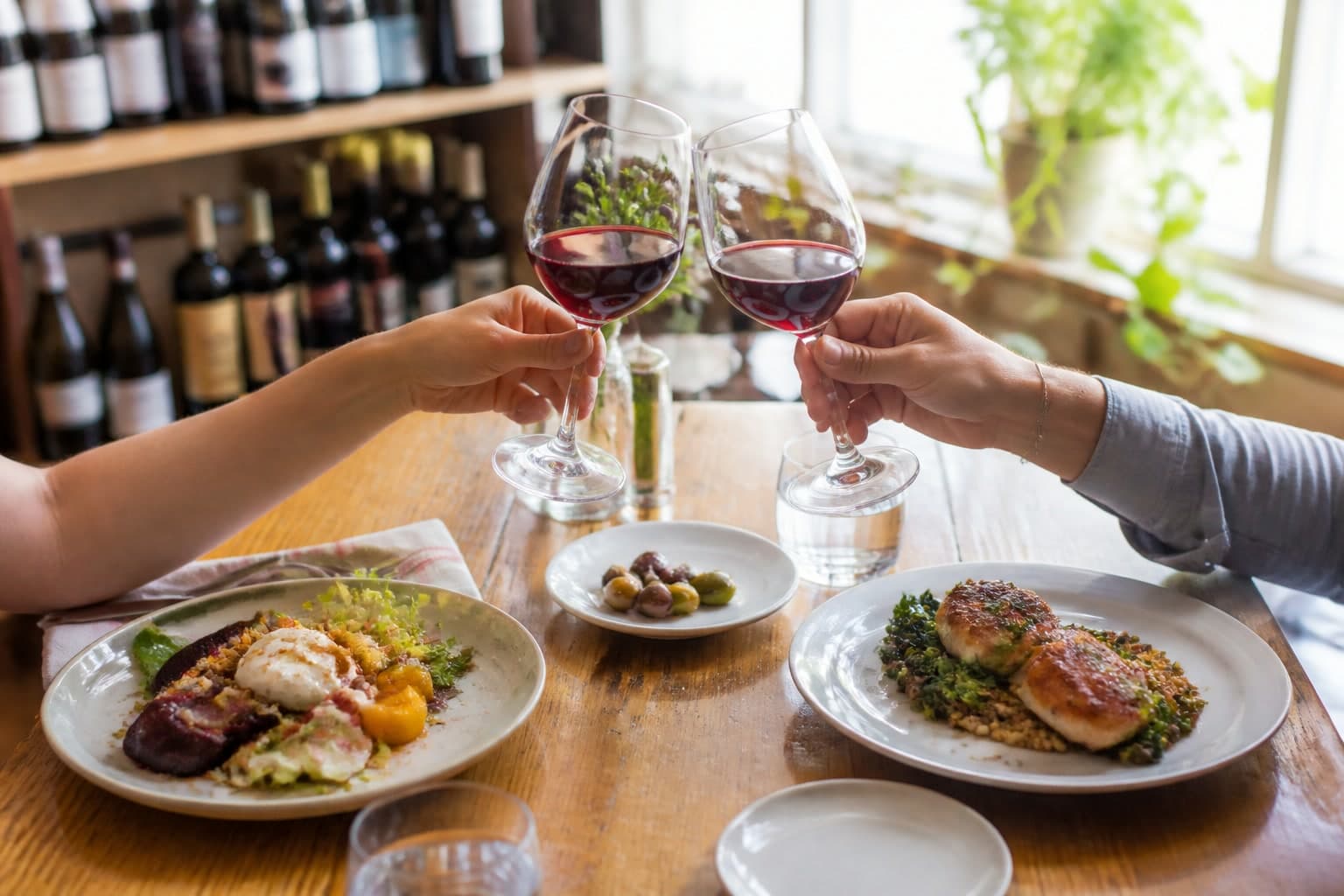 Illustrative Friday lunch dining scene with wine and plated bistro food