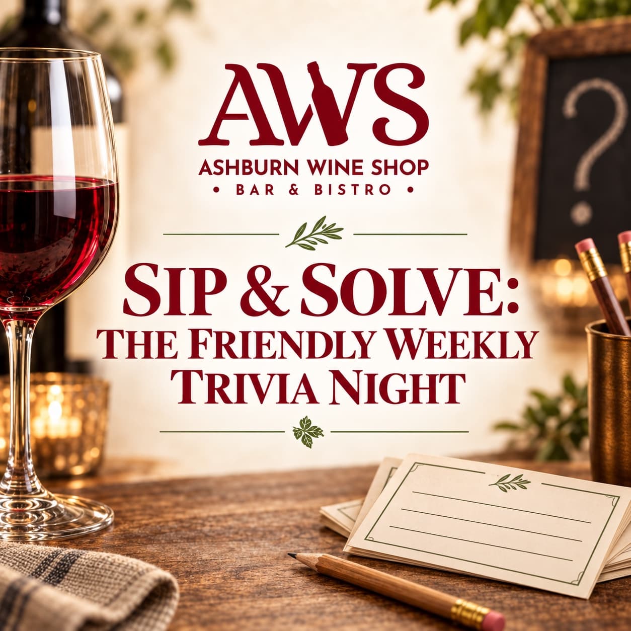 Ashburn Wine Shop flyer for Sip & Solve trivia night