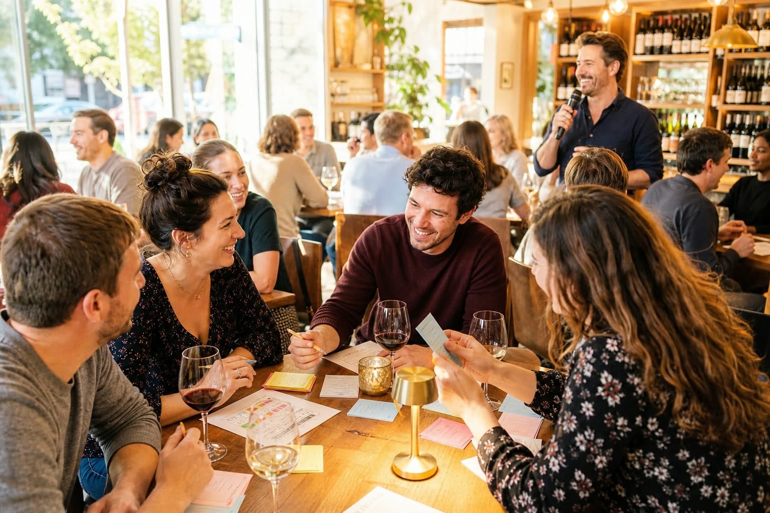 Illustration of guests playing trivia at a bright neighborhood wine bar