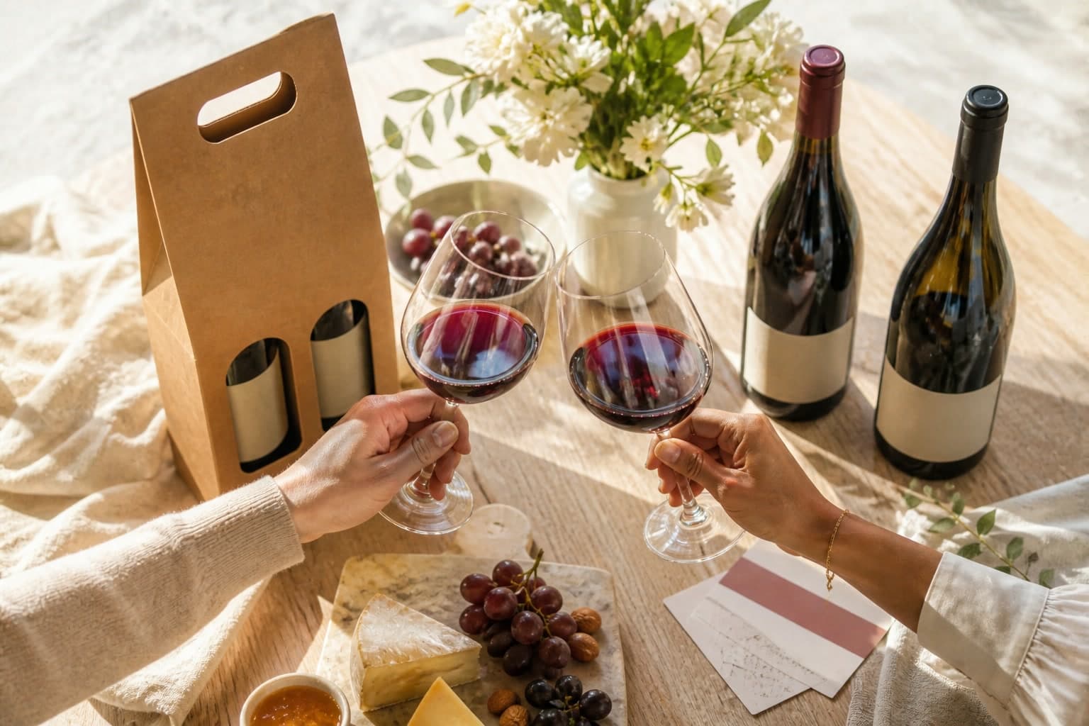 Illustrative wine club allocation with bottles, a carrier, and a tasting toast