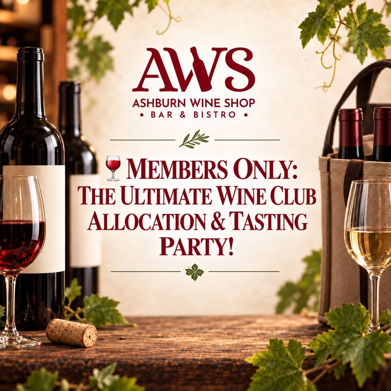 Ashburn Wine Shop flyer for the members-only wine club allocation and tasting party