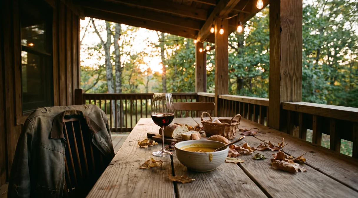 A set table on a porch at dusk in early fall, a glass of red wine next to a bowl of roasted squash soup, warm string lights overhead, a light jacket draped over a chair, natural golden evening light
