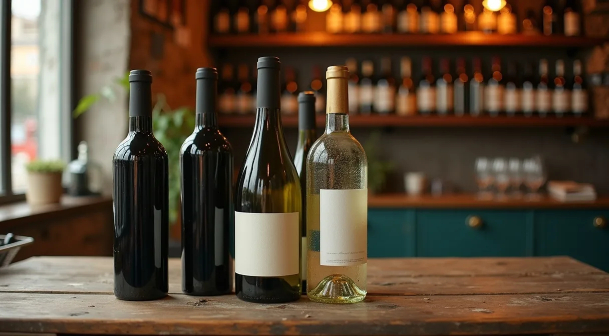 Five everyday wine bottles clustered on a weathered wooden counter in a warmly lit wine shop, budget-friendly picks from Ashburn Wine Shop