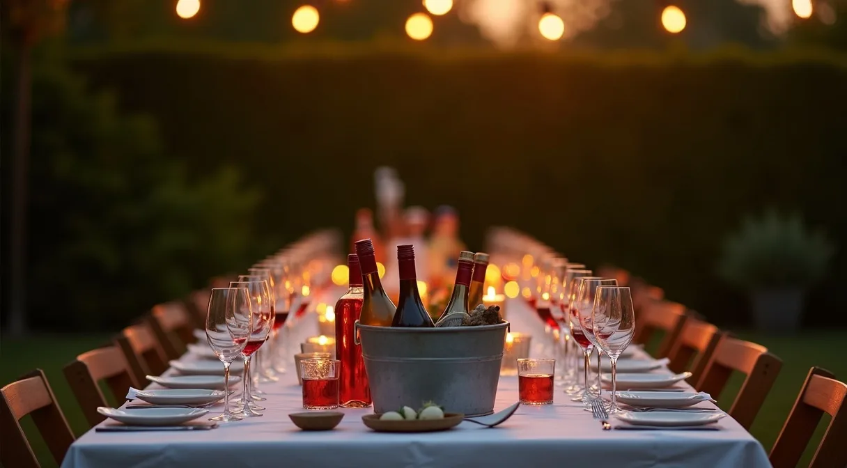 Long outdoor dinner party table at dusk with wine glasses, open bottles and an ice bucket of chilled sparkling wine under string lights