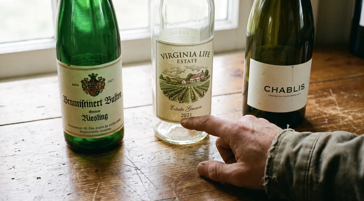 Close-up daylight shot of three different wine bottle labels lined up on a wood counter, one German, one Virginian, one French, a hand pointing at text on the middle label