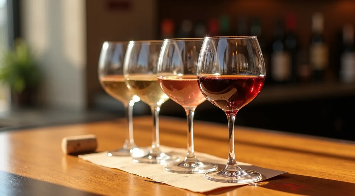 Wine tasting flight of four glasses, from pale sparkling through rosé to red, lined up on a warm oak bar at Ashburn Wine Shop