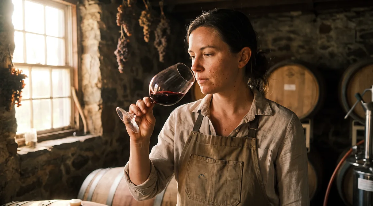 A winemaker in a canvas work apron swirls a glass of red wine in a small rustic Virginia cellar at golden hour, oak barrels and hanging Cabernet Franc grape clusters in the background