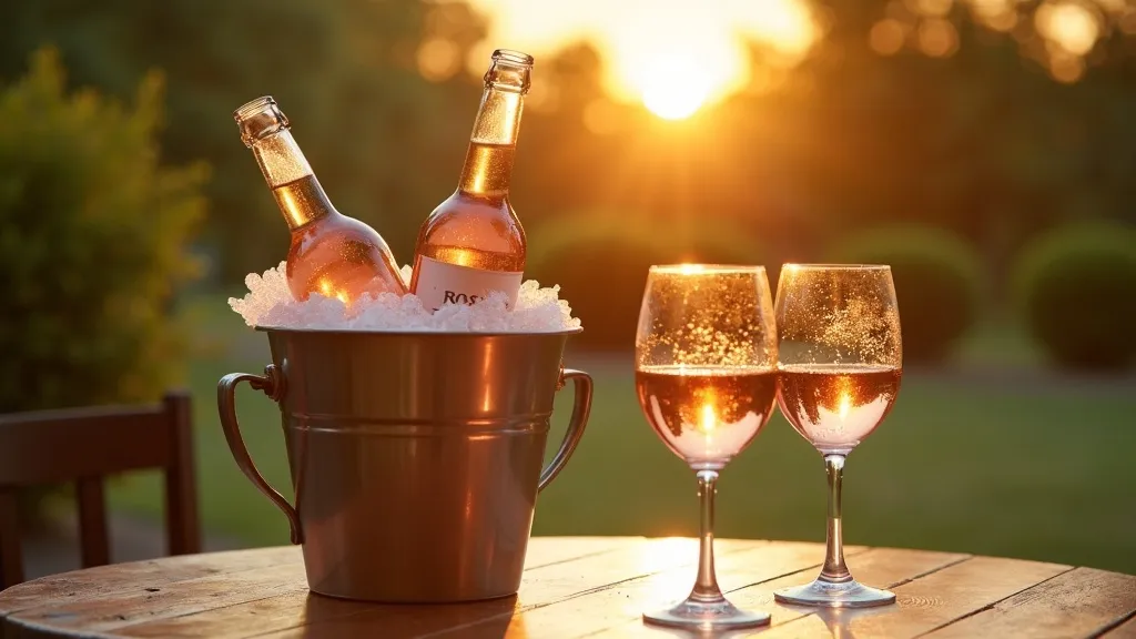 Two bottles of chilled wine in an ice bucket beside glasses of rosé on a porch table at golden hour, the kind of summer evening scene Ashburn Wine Shop's picks are made for