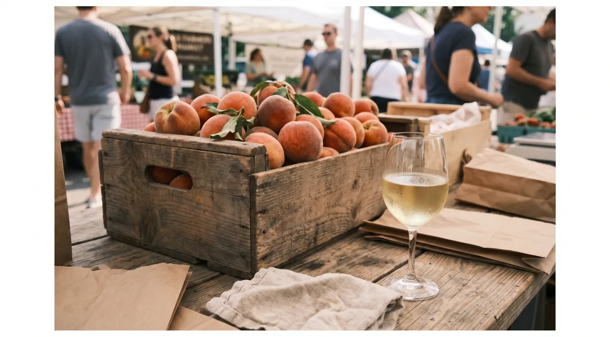 Overflowing wood crate of ripe Virginia peaches on a sunlit farmers market table, morning light, a glass of chilled white wine resting beside the fruit