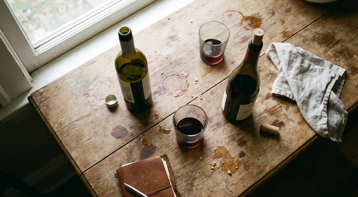 Overhead shot of two wine bottles on a well-worn wood table, one with its screw cap set beside it and one with its cork pulled out, two glasses of red wine and a leather notebook nearby