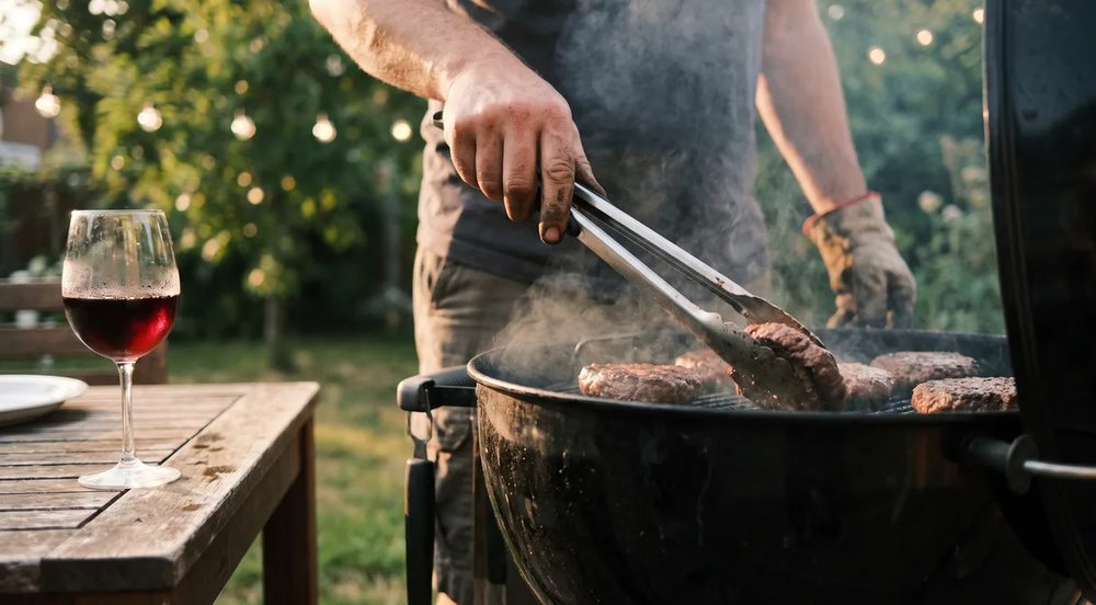 A summer cookout table set for wine and grilled food