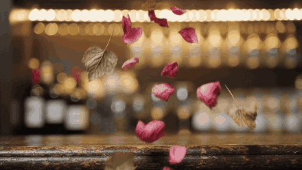 Rose petals and grape leaves falling over the bar