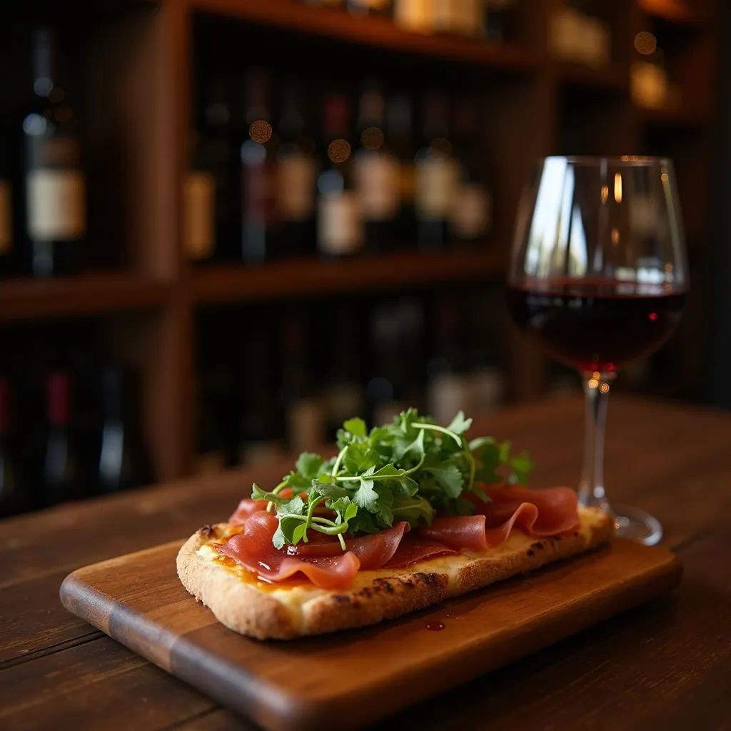 Prosciutto flatbread with hot honey and arugula on a wooden board