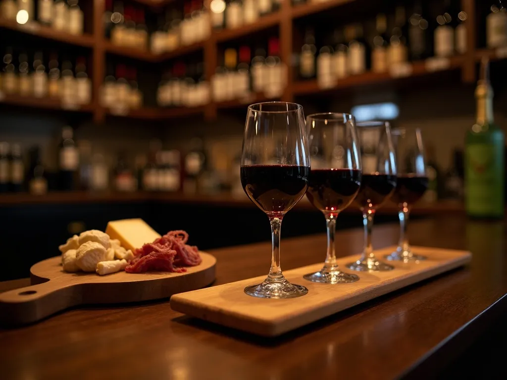 A rotating wine flight served beside cheese and charcuterie