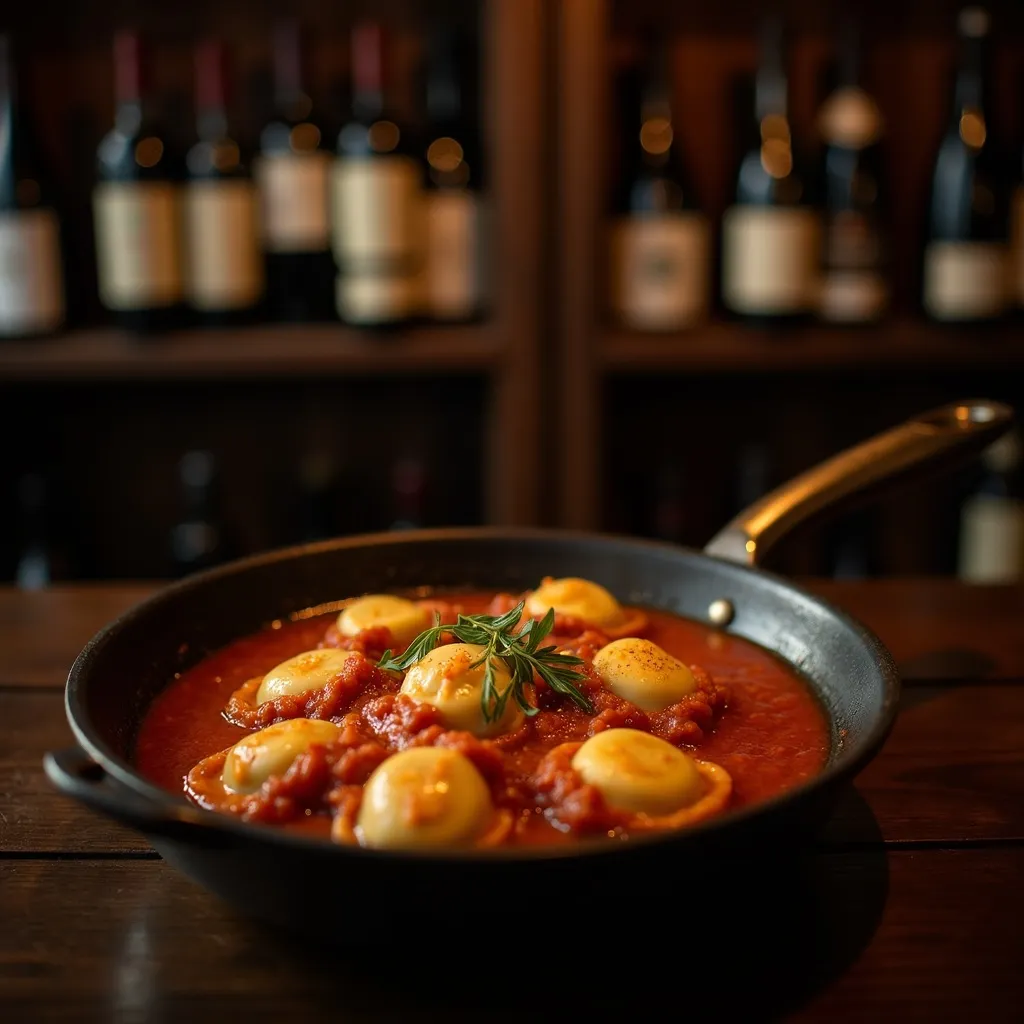 Fresh ravioli in creole tomato sauce, bistro plating